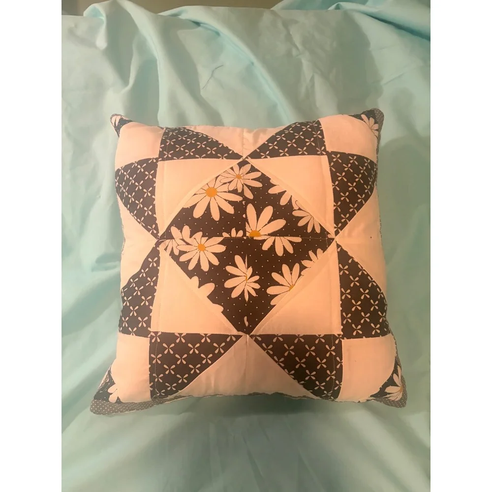 Handmade Quilted Star Throw Pillow Black White Daisy Floral Patchwork Decorative